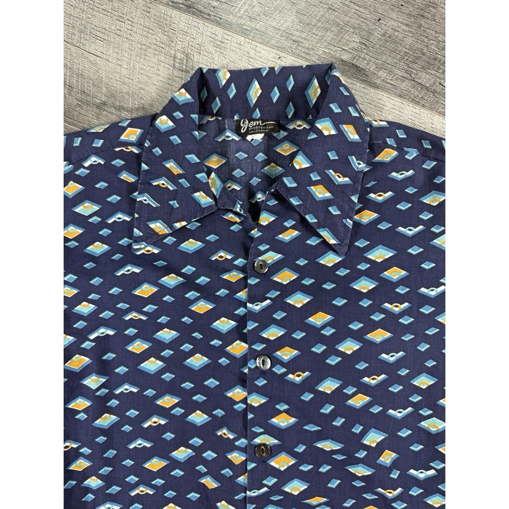 VNTG 70's Jem Sportswear Blue Button Up Shirt Long Sleeve AOP Made In USA